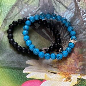 Elegant Matte Black Agate and Blue Turquoise Beaded Bracelet Set